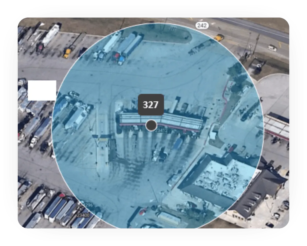 Satellite map showing truck 327 inside the geofence of a fuel stop at the time of purchase