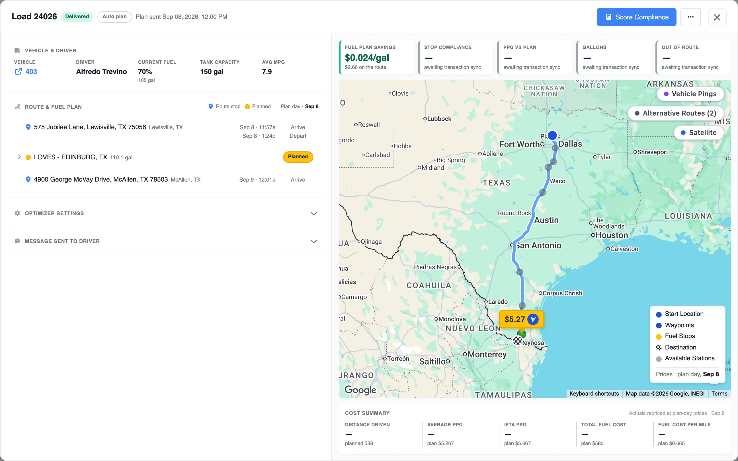 Load 24026 fuel plan: vehicle 403 at 70 % fuel with driver Alfredo Trevino, a planned Love's Edinburg stop of 110.1 gallons, and the route map from Dallas to McAllen with a $5.27 per gallon fuel stop