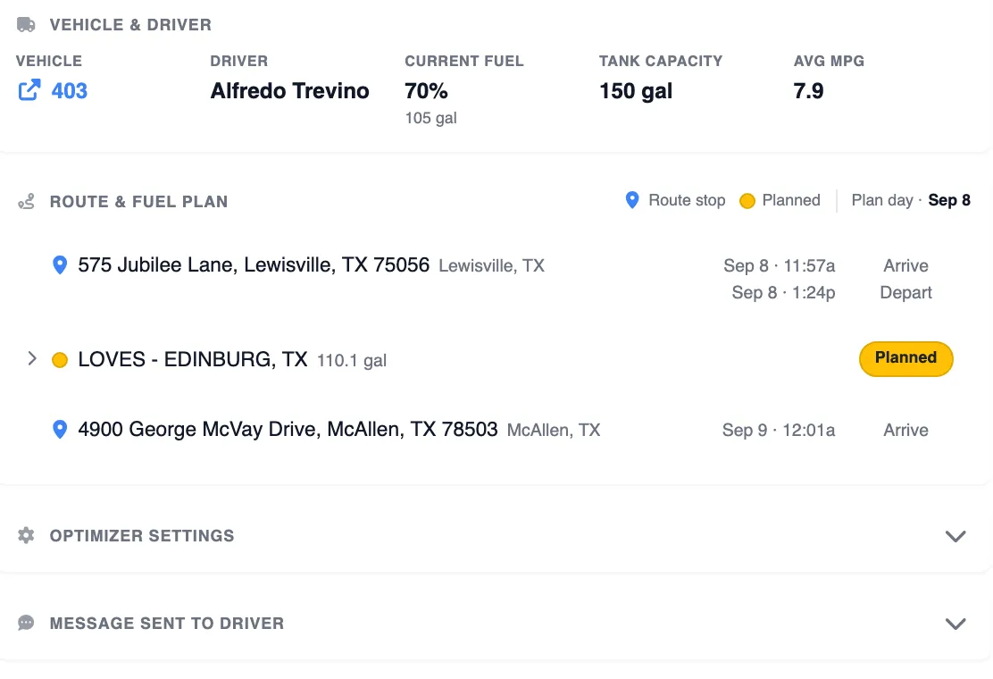 Vehicle 403 with driver Alfredo Trevino at 70% fuel, 150 gallon tank and 7.9 MPG, and the planned Love's Edinburg stop of 110.1 gallons