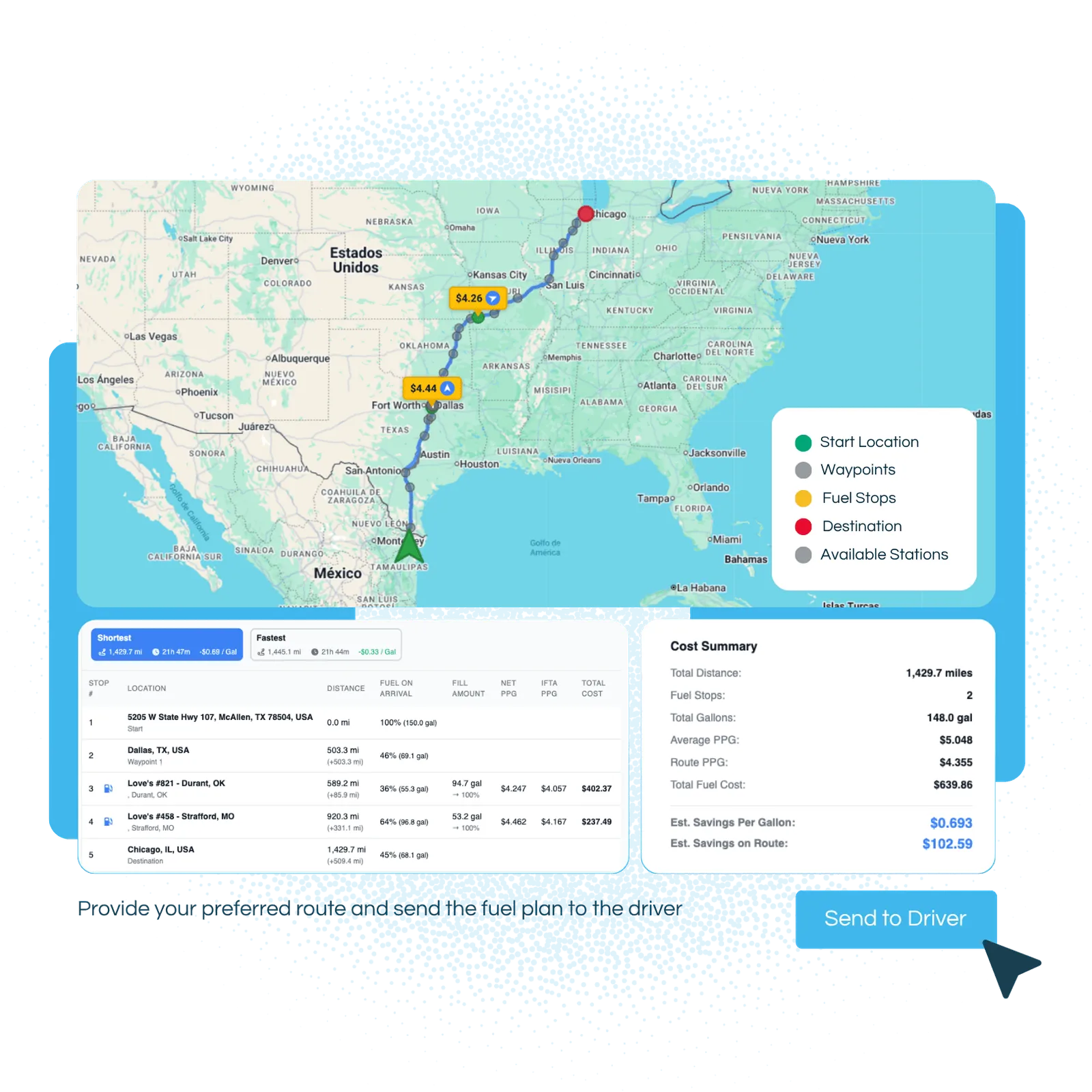 Fleet fuel optimizer software map showing recommended fuel stops based on route and pricing data