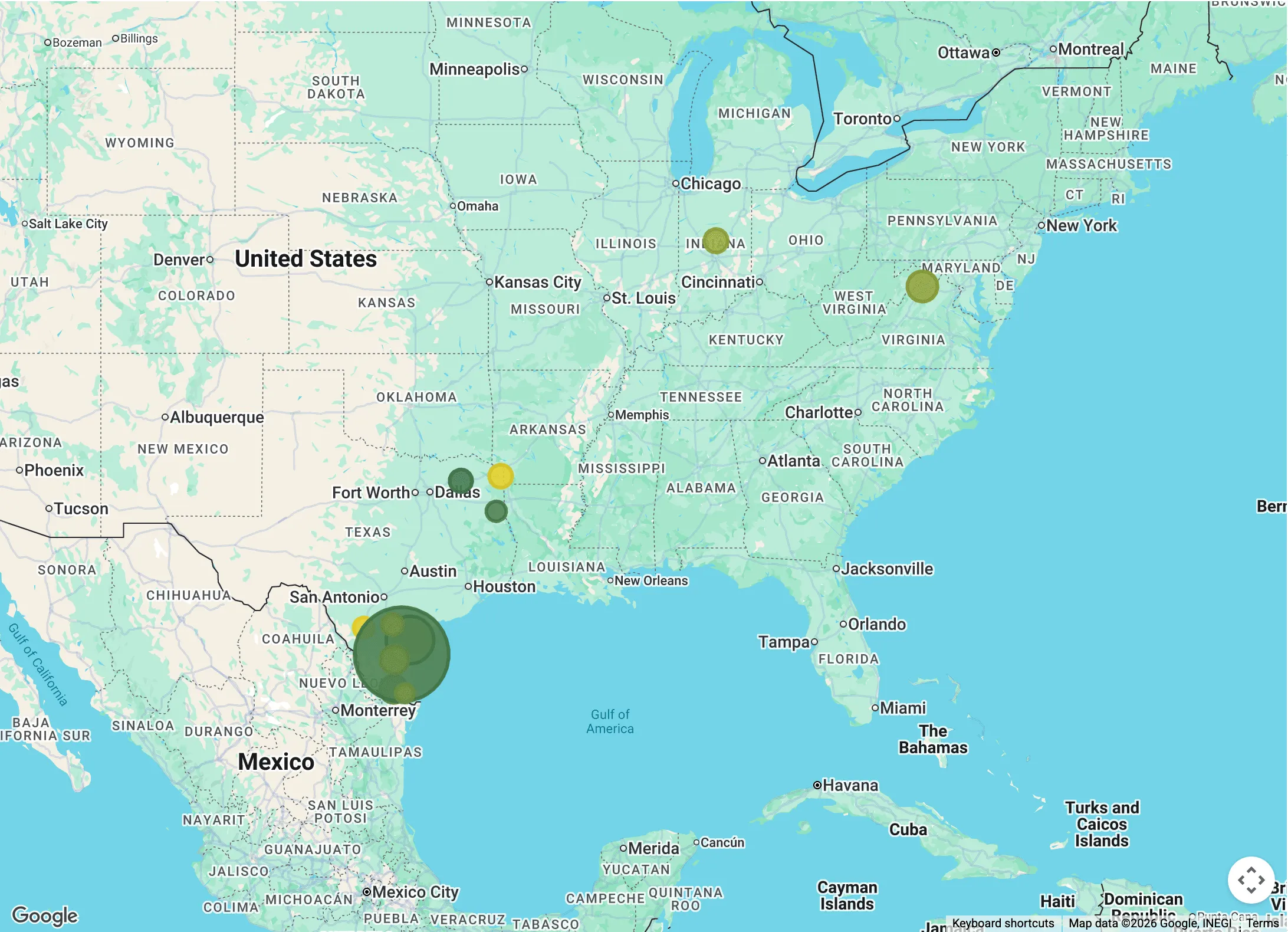 United States map with fuel purchase bubbles clustered around south Texas, Dallas, Indiana and Maryland