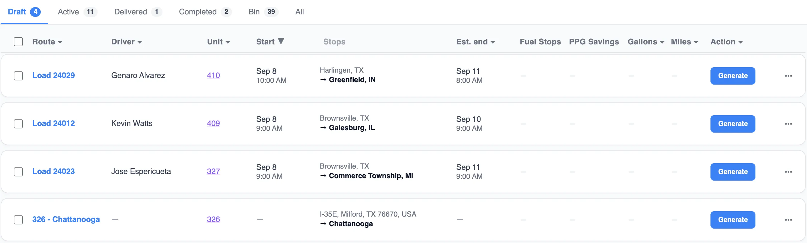 Draft routes tab listing four dispatched loads with driver, unit, start, stops and a Generate button